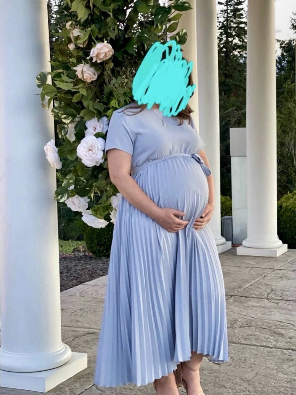 SHEIN Light Blue Pleated Maternity Maxi Dress with Belt Tie